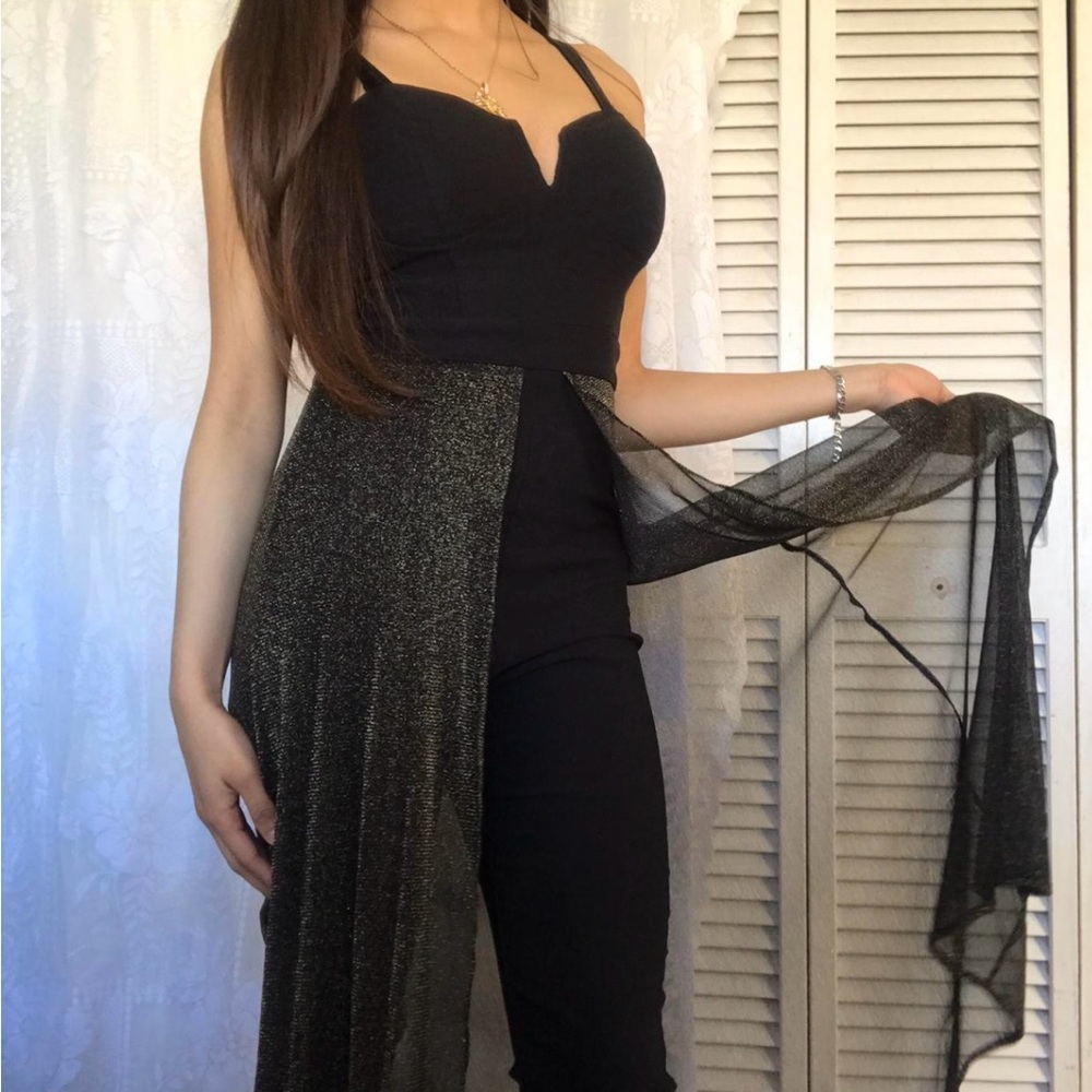 Laila Black Jumpsuit with Sheer Glitter Train